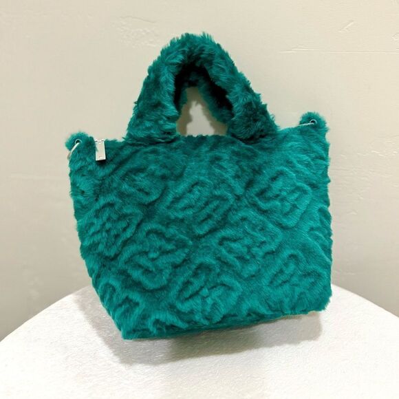 Turquoise Handmade Real Embossed Shearling Top Handle Bag, Fur Tote, Crossbody - Picture 7 of 14